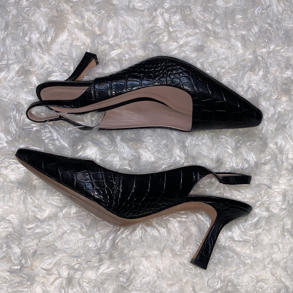 AD & Daughters Black Croco-embossed Leather Slingbacks
